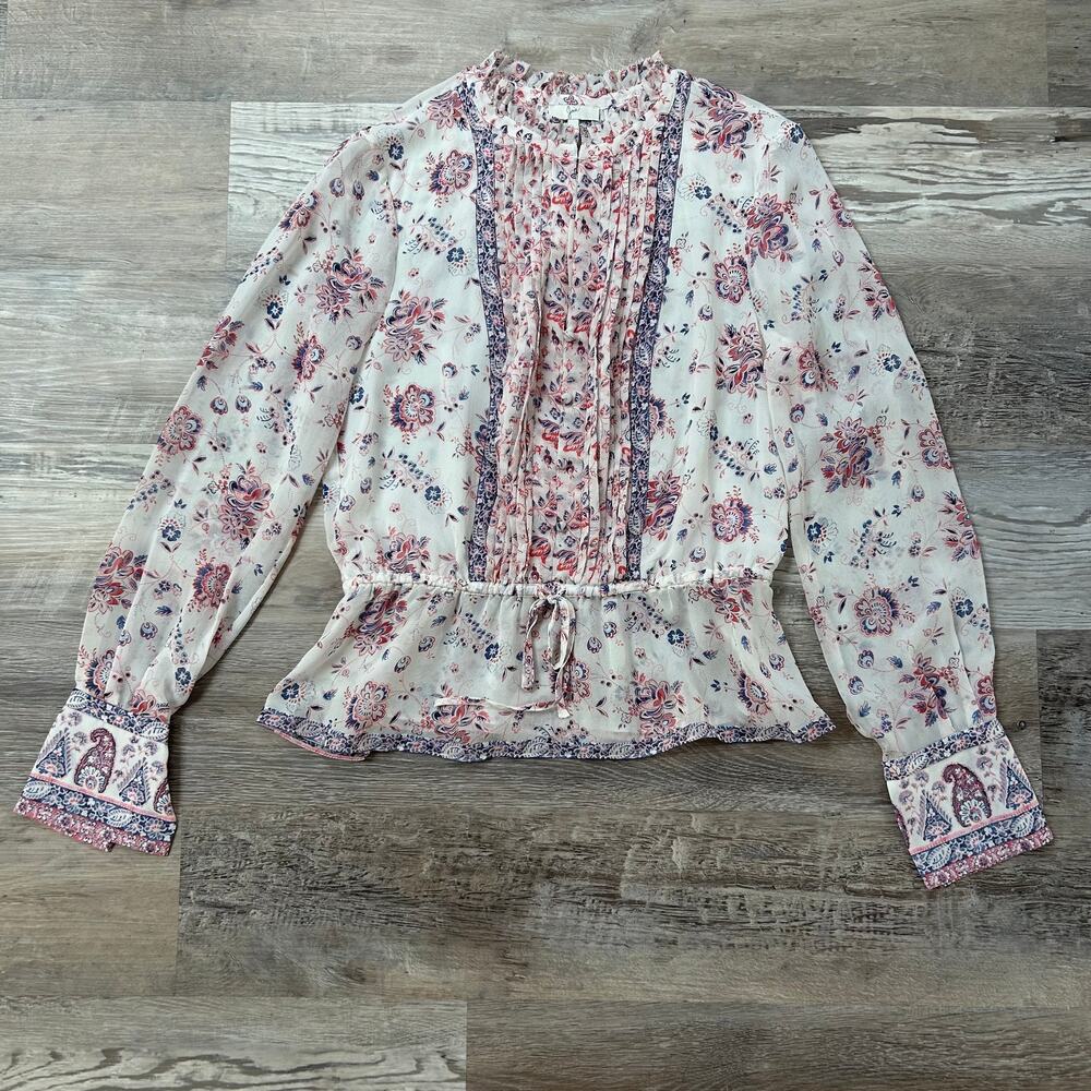 Joie Ivory Floral Silk Blouse with Pintuck Front and Flared Cuffs Size Small